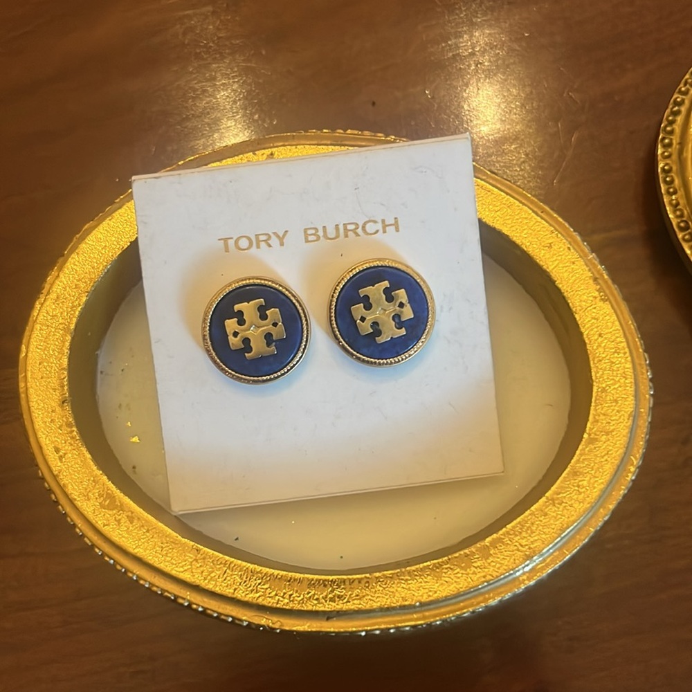 Brand New Tory Burch Semi-Precious Gold Tone Blue Lapis Logo Stud Earrings